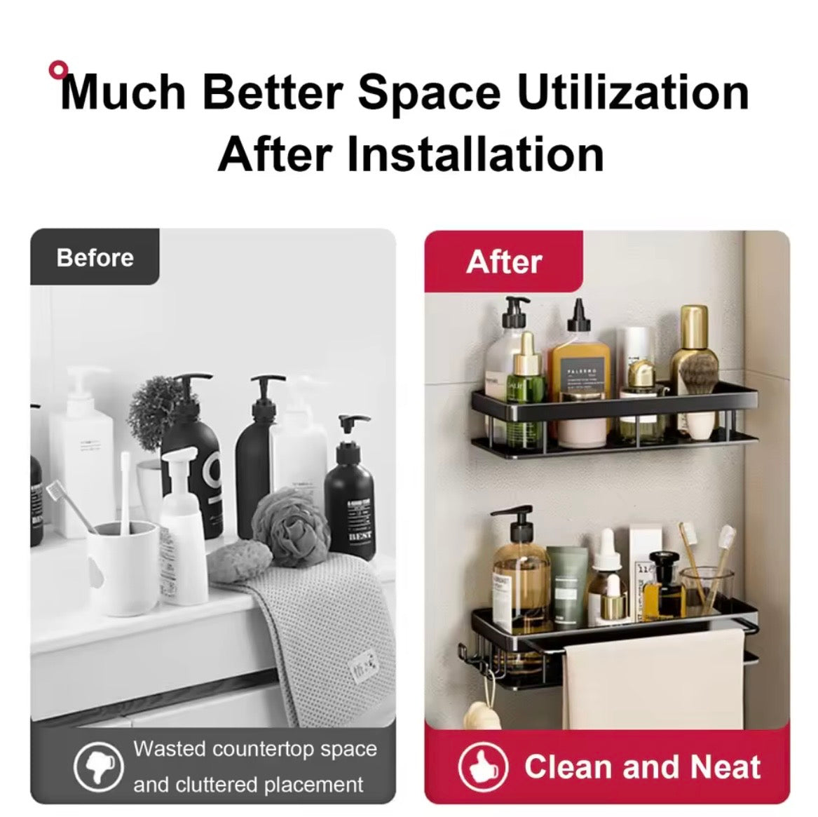 Before and after bathroom storage comparison using black wall-mounted shelves