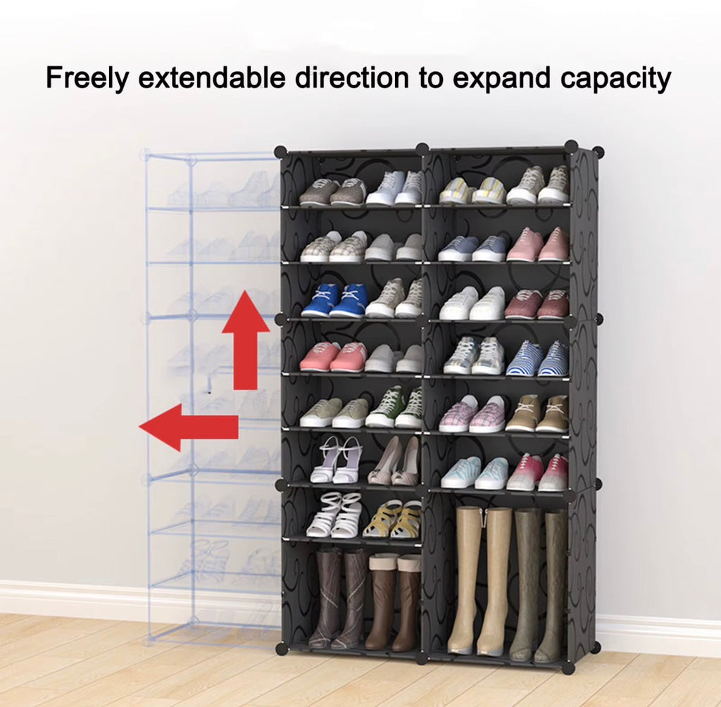 Extendable modular black shoe organiser showing additional storage sections