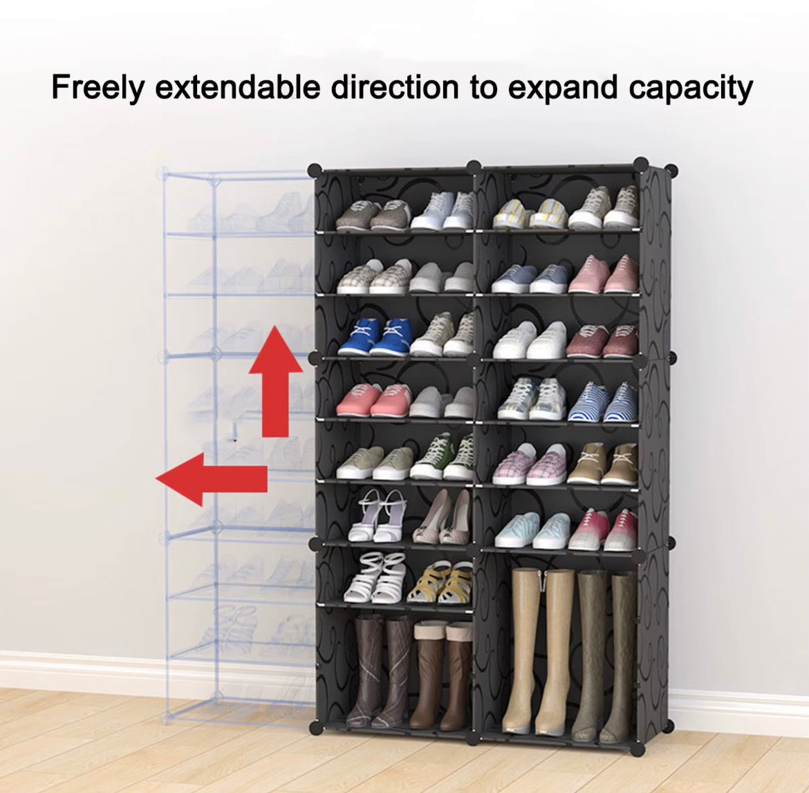 Extendable modular black shoe organiser showing additional storage sections