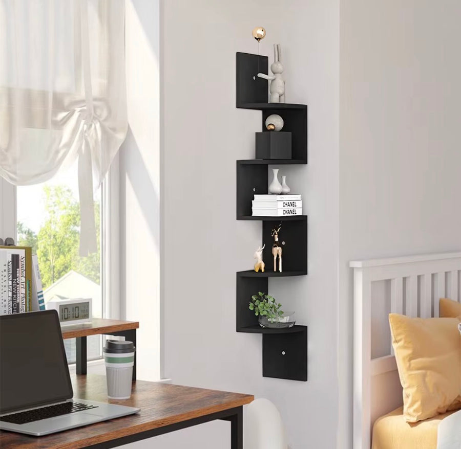 5-Tier Floating Corner Shelf – Black or White – 122 cm