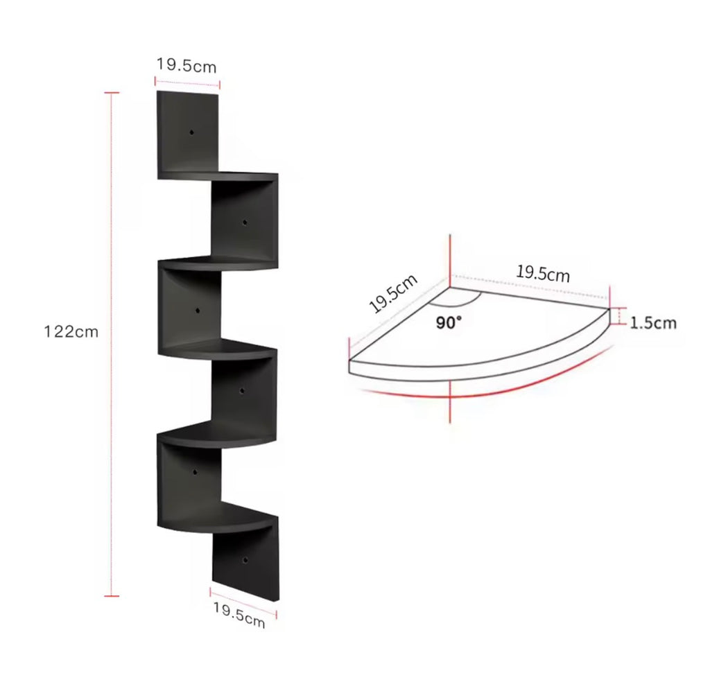 Black corner shelf dimensions showing 122 cm height and 19.5 cm shelf depth