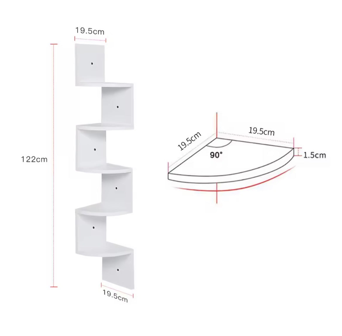 White corner shelf dimensions showing 122 cm height and 19.5 cm shelf depth