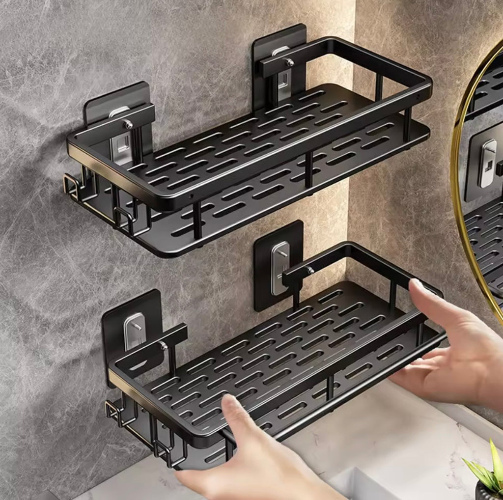 Black wall-mounted bathroom soap holder shelf shown with and without hanging hooks