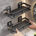 Black wall-mounted bathroom soap holder shelf shown with and without hanging hooks