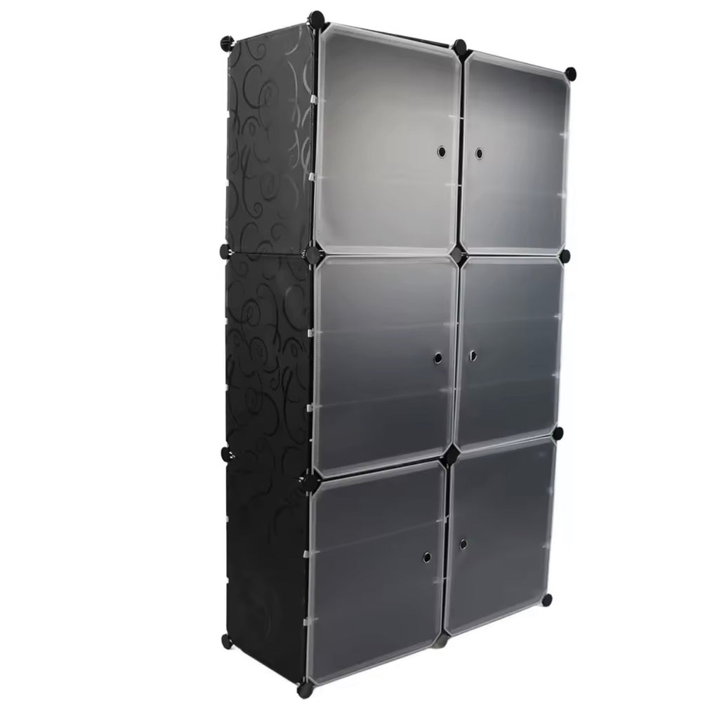 Closed black modular shoe cabinet with six translucent front doors