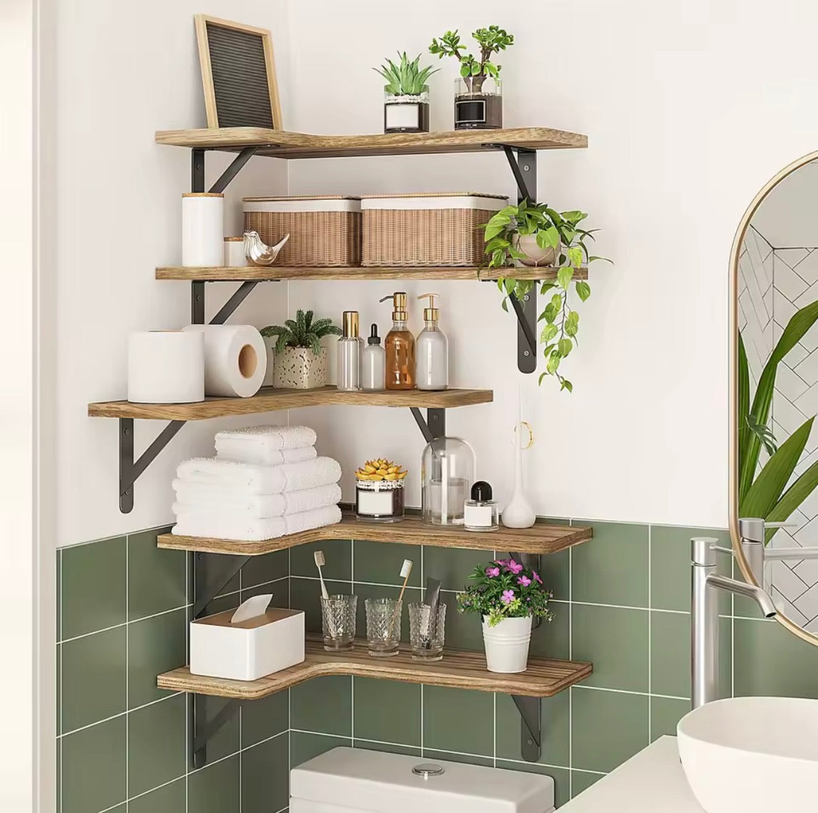 5-Piece Wood Grain Corner Floating Shelf Set