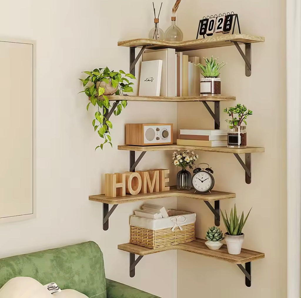 5-Piece Wood Grain Corner Floating Shelf Set