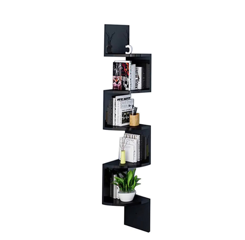 Black five-tier corner shelf displayed with books and a plant
