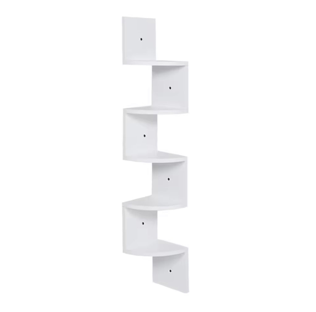 White five-tier zigzag corner shelf on a plain background
