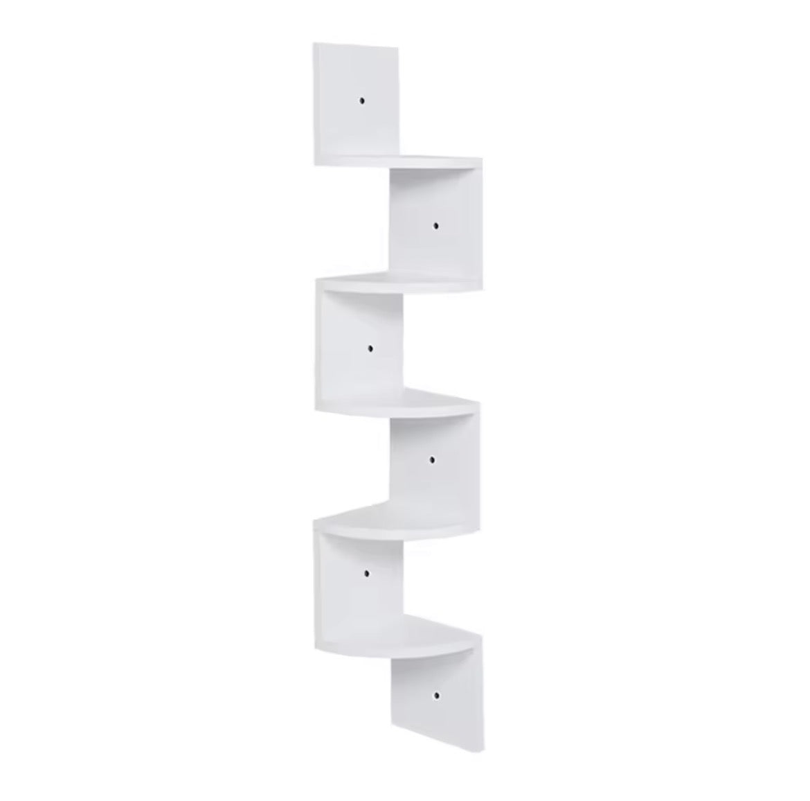 White five-tier zigzag corner shelf on a plain background