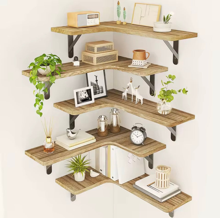 5-Piece Wood Grain Corner Floating Shelf Set