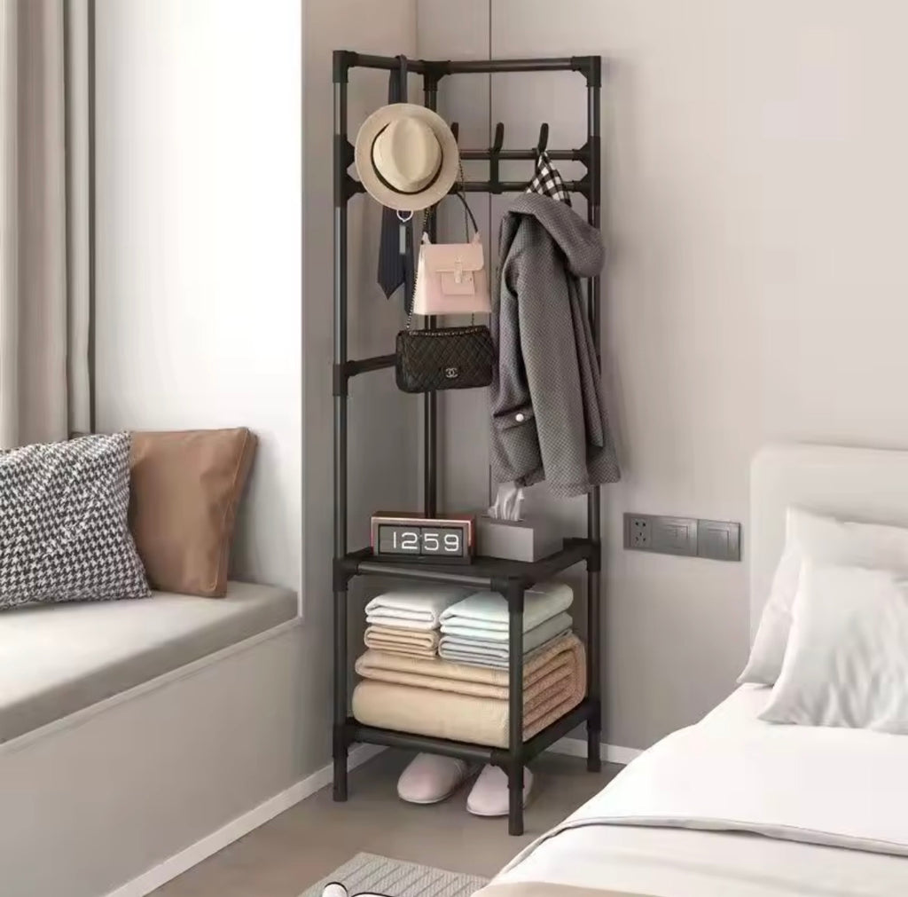 Corner Coat & Hat Rack with Shoe Storage Shelves