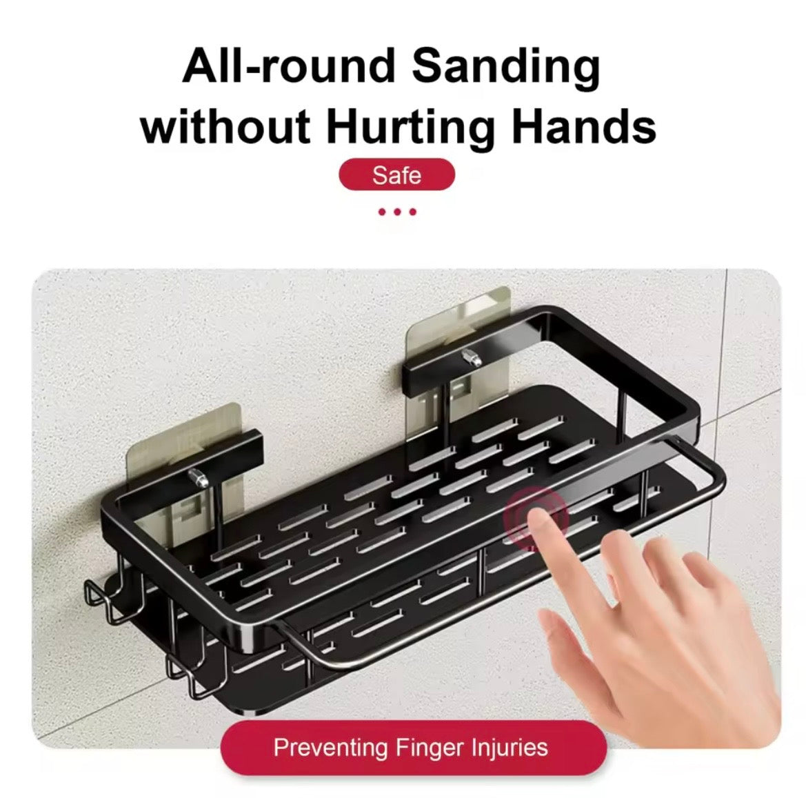 Rounded black bathroom shelf edges designed for comfortable everyday use