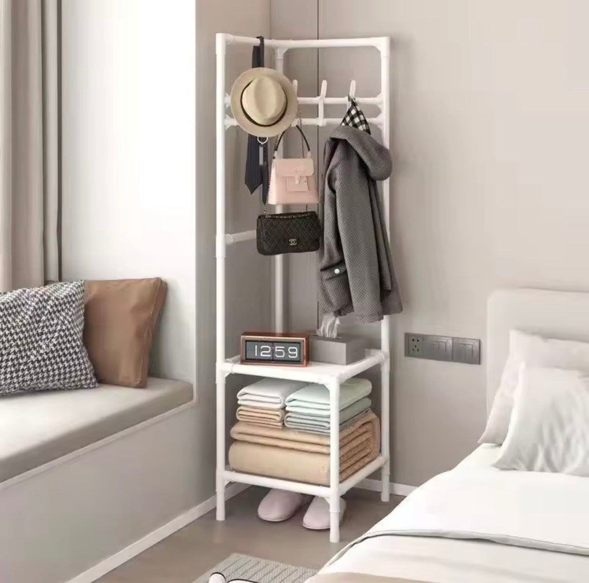 Corner Coat & Hat Rack with Shoe Storage Shelves