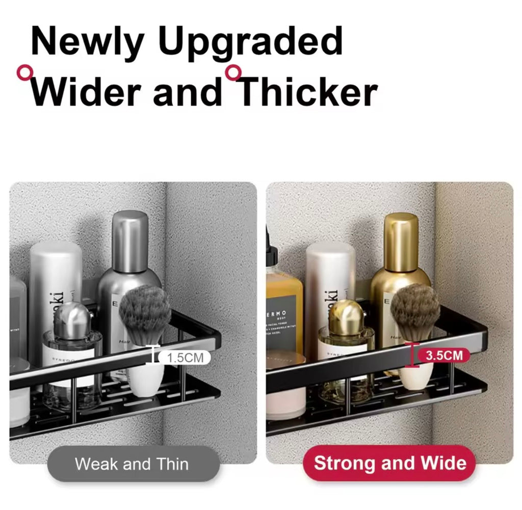Close-up comparison showing the wider 3.5 cm outer rail on the black bathroom shelf