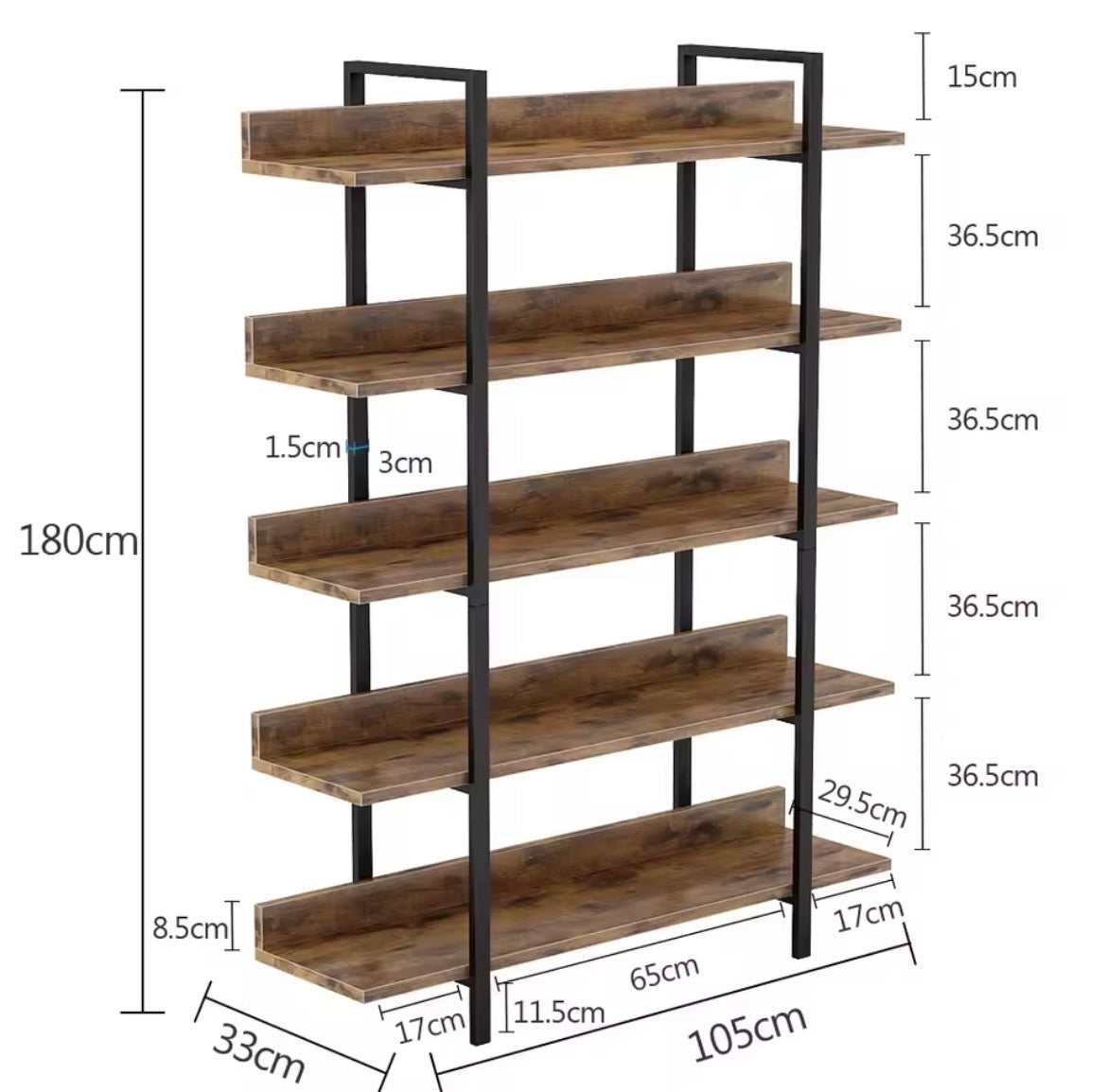 Dimensions of five-tier industrial bookcase: 105 cm wide, 33 cm deep and 180 cm high