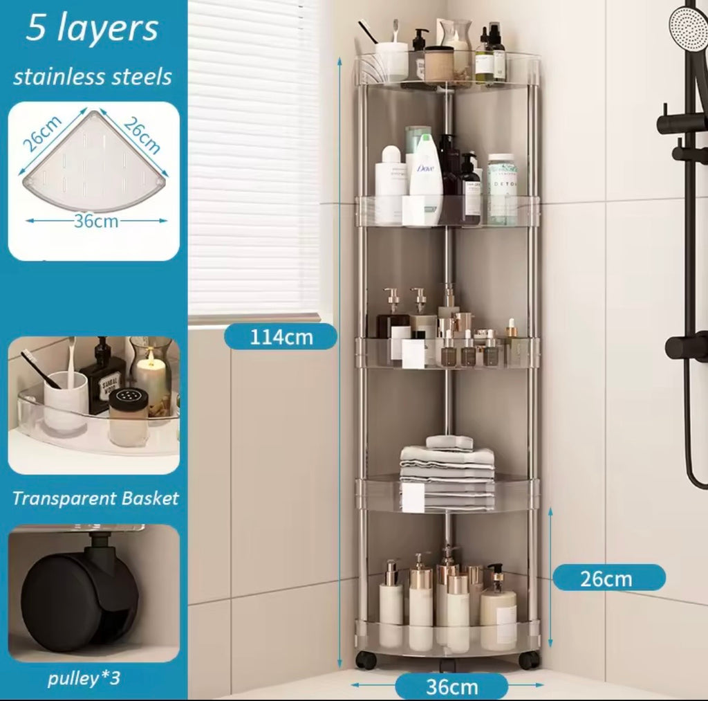 Five tier transparent corner bathroom trolley dimensions 114 by 36 by 26 centimetres