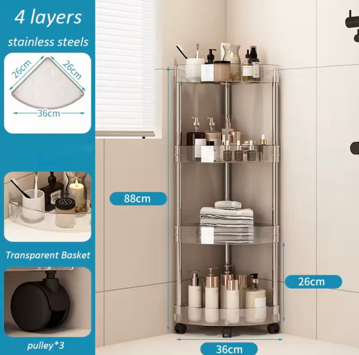 Four tier transparent corner bathroom trolley dimensions 88 by 36 by 26 centimetres