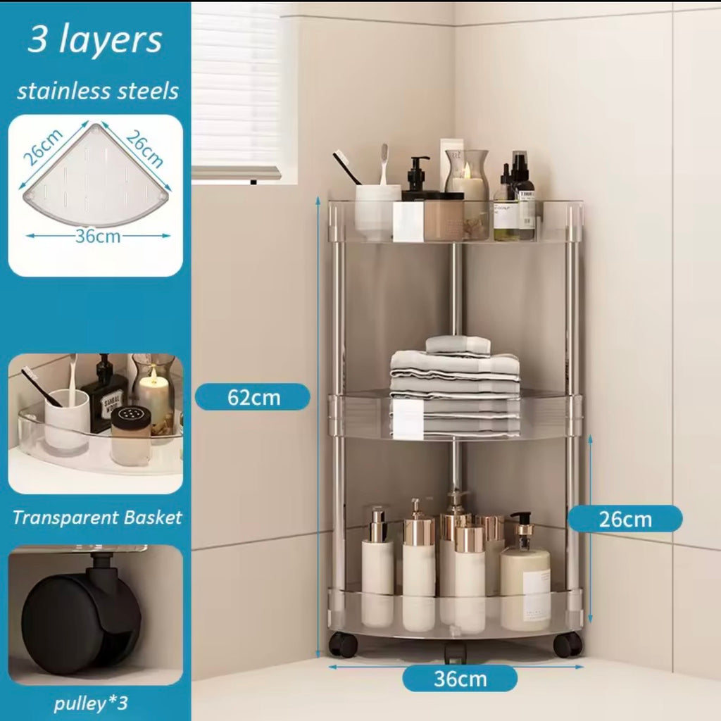 Three tier transparent corner bathroom trolley dimensions 62 by 36 by 26 centimetres