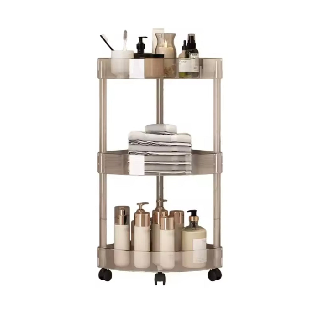 Three tier transparent corner bathroom storage trolley on white background