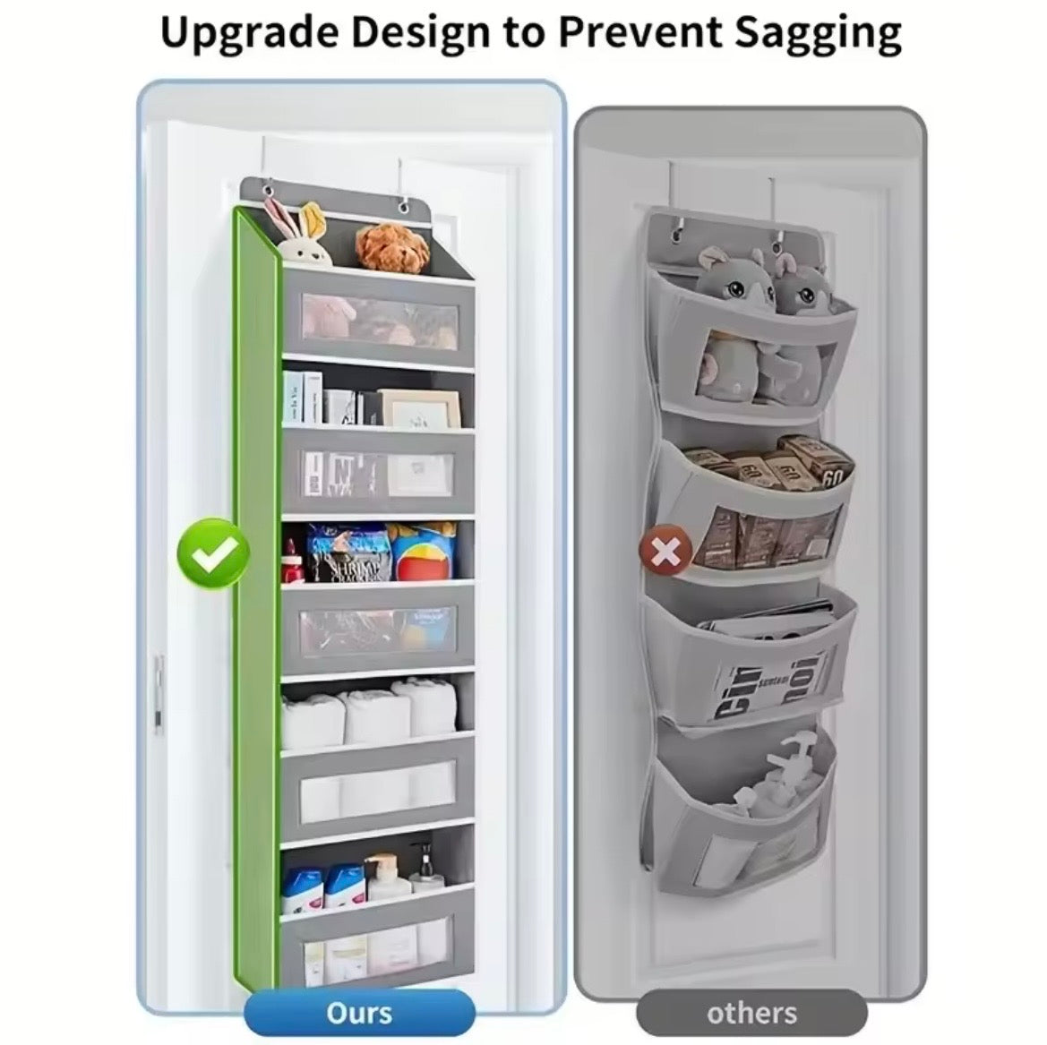 Anti sag hanging door storage organiser design comparison