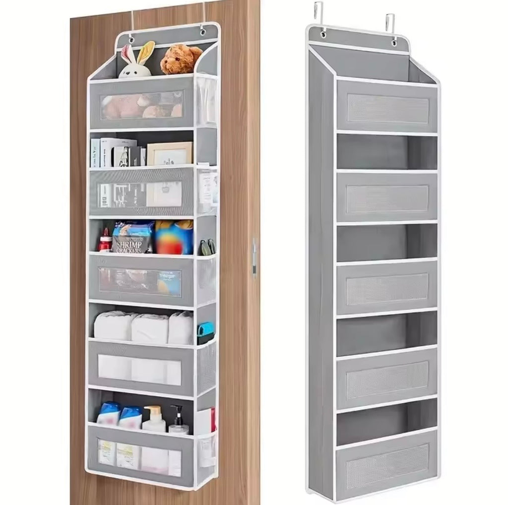 Grey hanging door storage organiser with shelves and side pockets