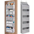 Grey hanging door storage organiser with shelves and side pockets