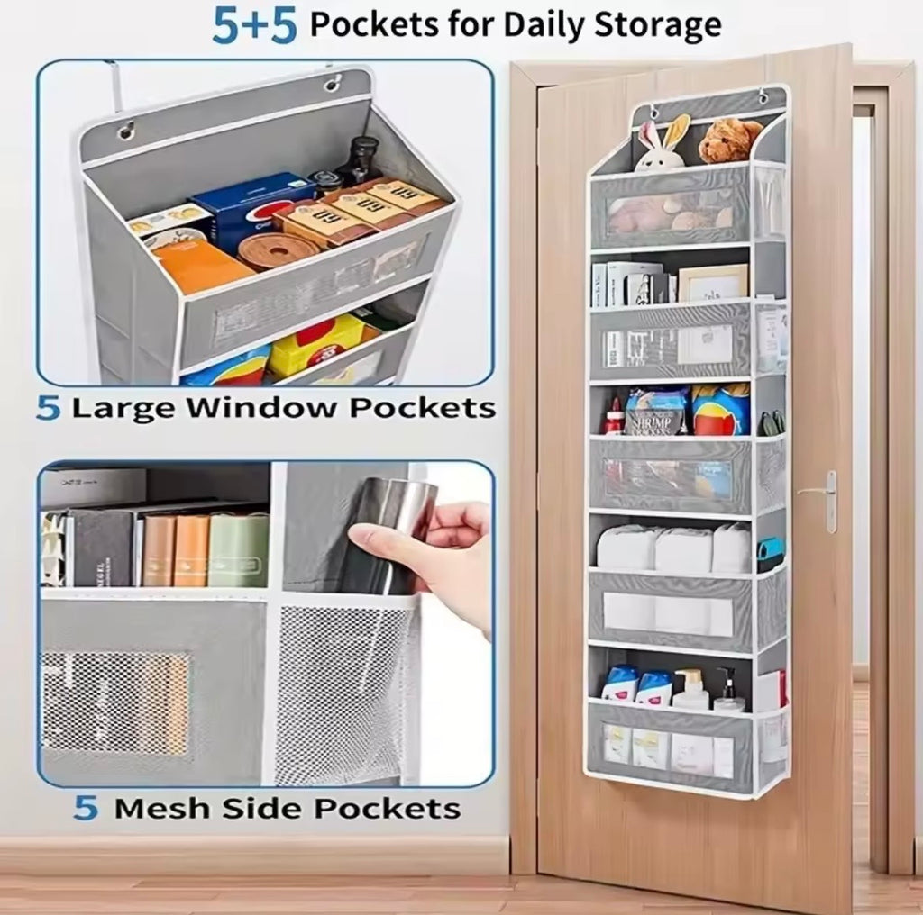 Hanging door storage organiser with 5 front pockets and 5 mesh side pockets
