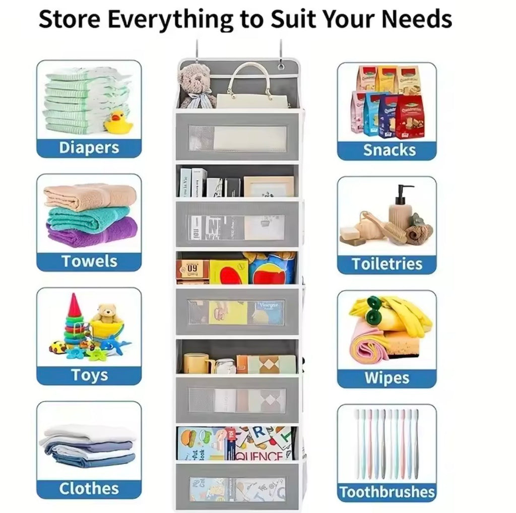 Hanging door storage organiser for nappies towels snacks toiletries toys clothes wipes and toothbrushes