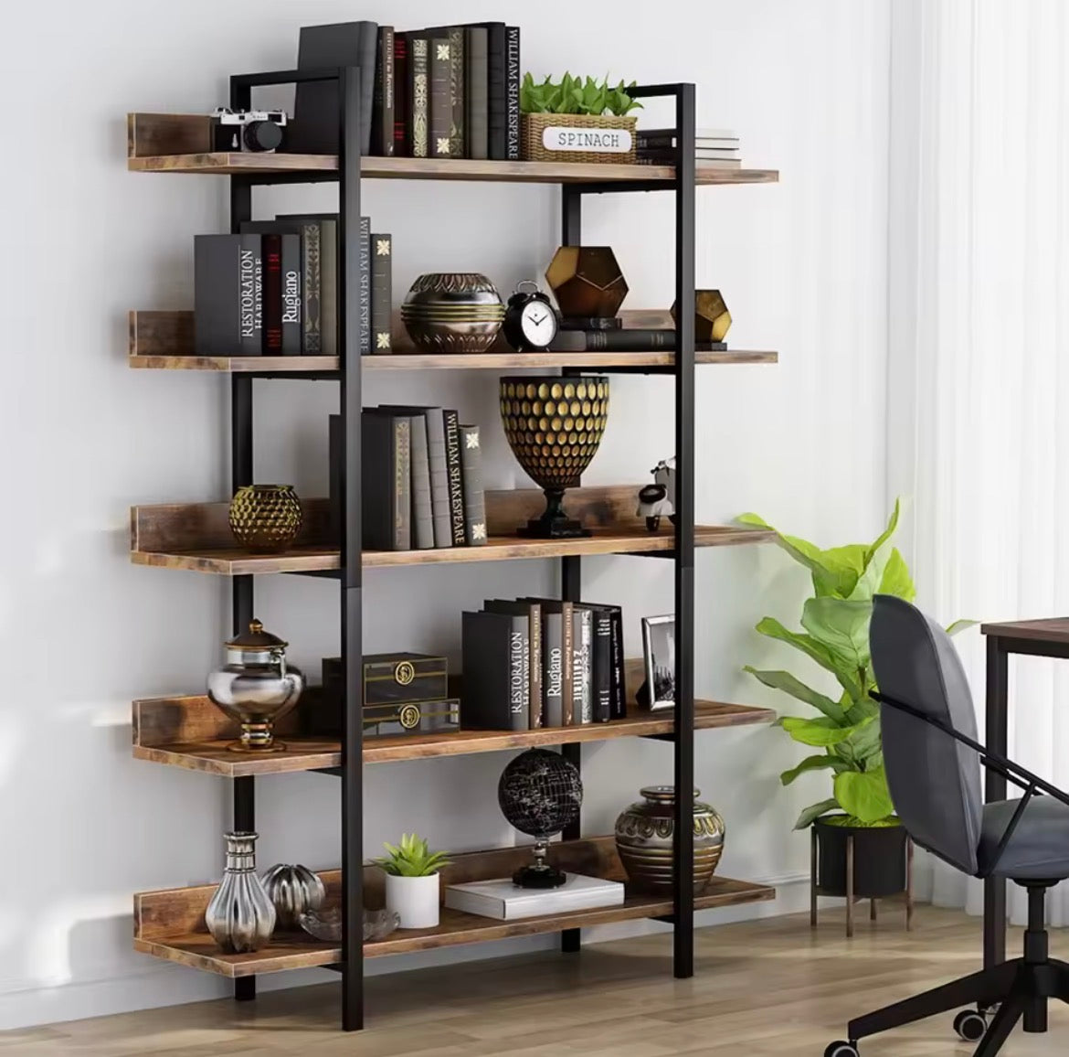 Five-tier brown wood effect and black metal bookcase in a home office