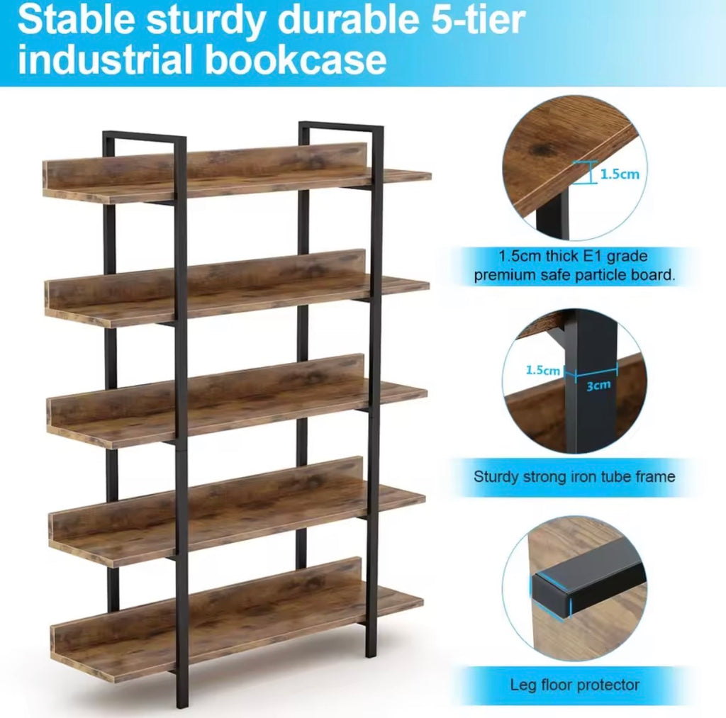Five-tier industrial bookcase showing particle board shelves, black metal frame and floor protectors