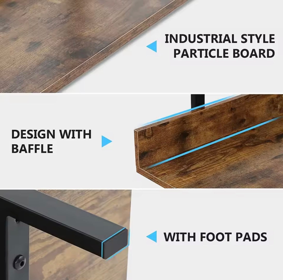 Industrial bookcase details showing brown particle board shelves, raised back edges and protective foot pads
