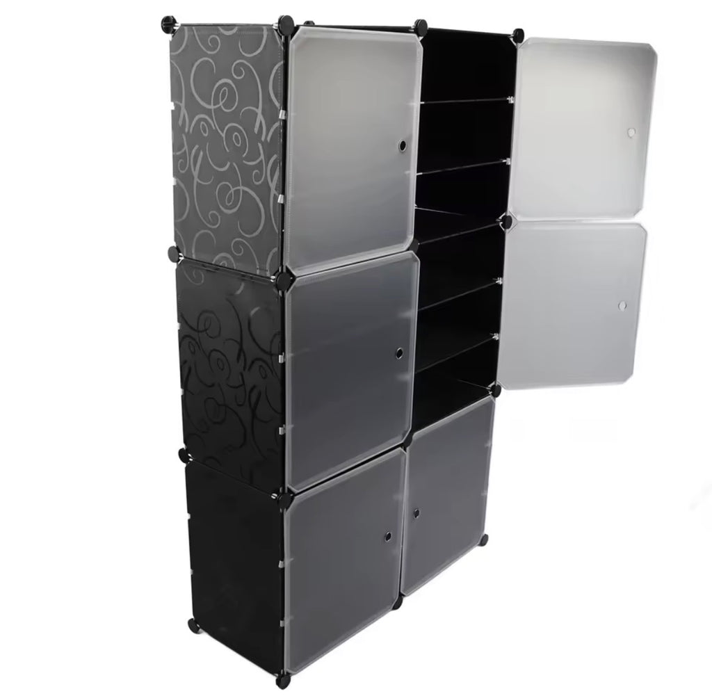 Black modular shoe cabinet shown partly open with internal storage compartments