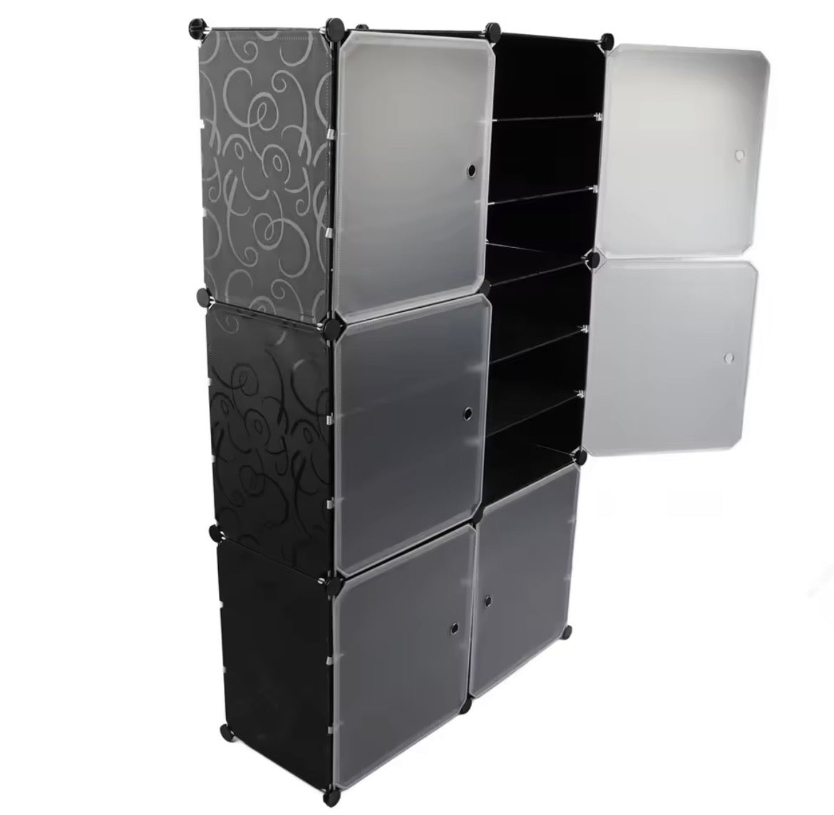 Black modular shoe cabinet shown partly open with internal storage compartments