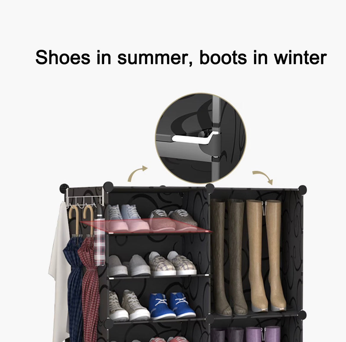 Adjustable and removable shelf in modular shoe storage unit for shoes and tall boots