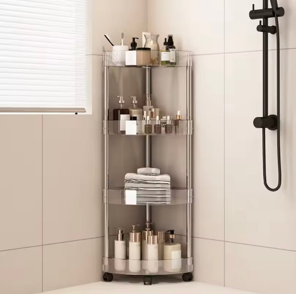 Transparent 4 tier corner bathroom storage trolley with wheels
