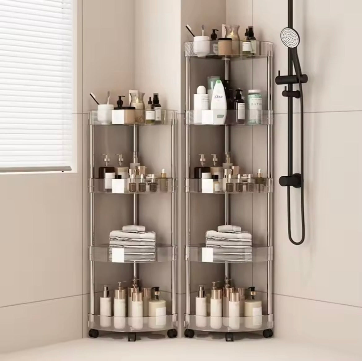 Transparent corner bathroom storage trolley in multiple tier heights