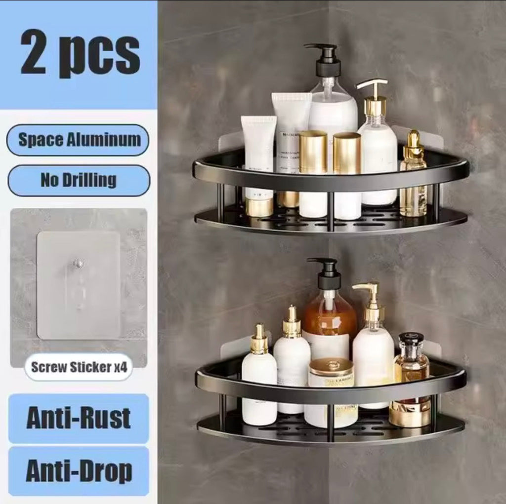 Two black triangular corner bathroom soap holders with no-drill adhesive mounting