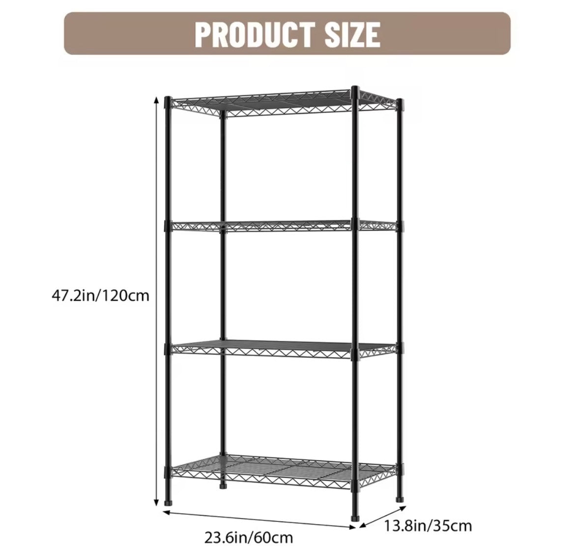 120 cm high four-tier black wire shelving unit, 60 cm wide and 35 cm deep