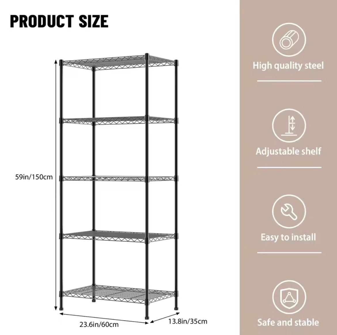 150 cm high five-tier black wire shelving unit, 60 cm wide and 35 cm deep