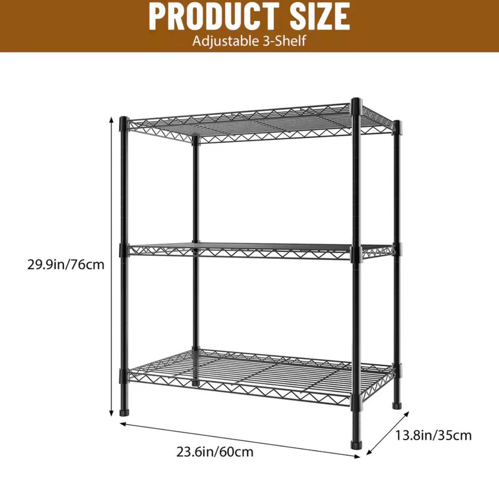 76 cm high three-tier black wire shelving unit, 60 cm wide and 35 cm deep