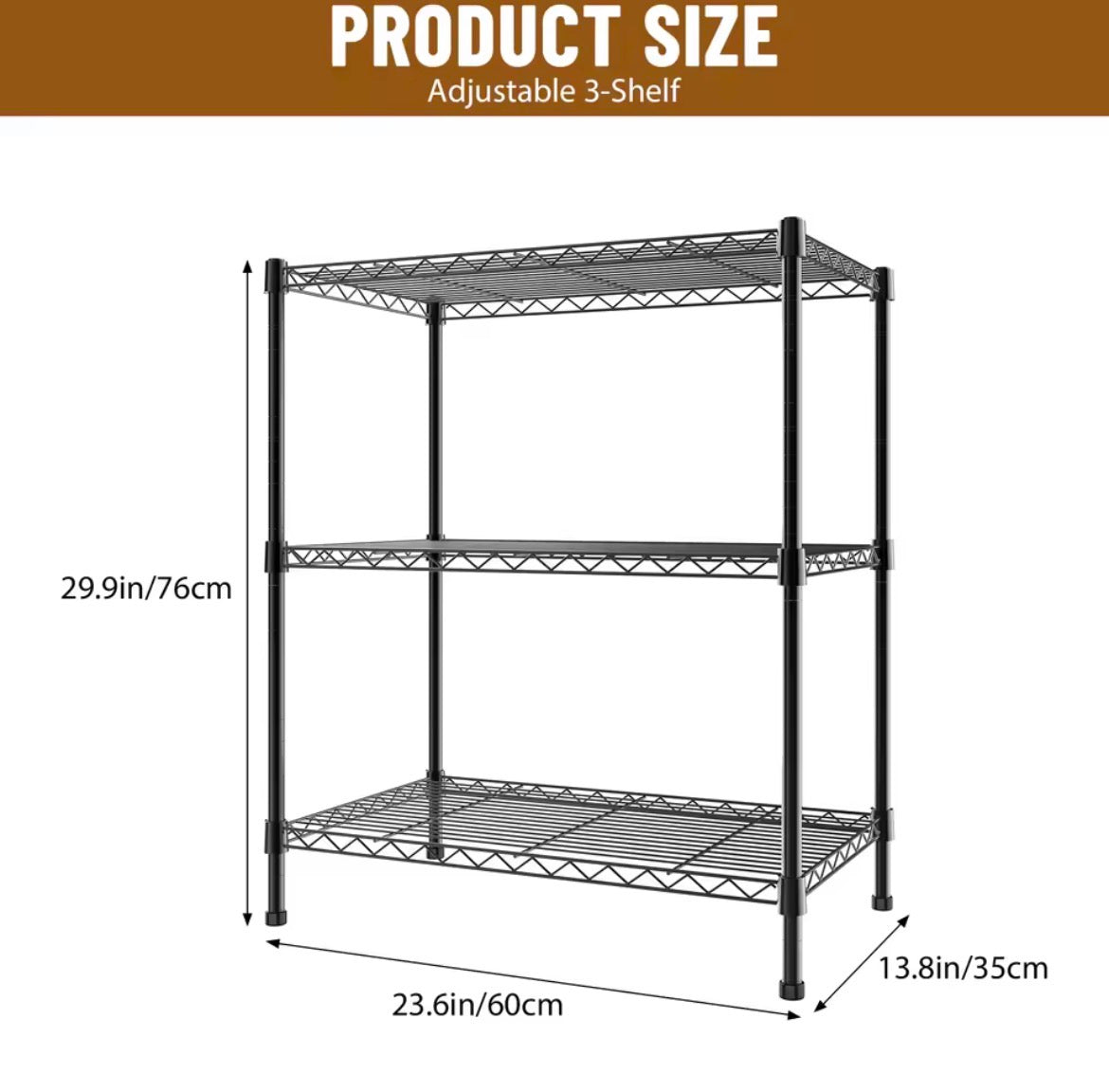 76 cm high three-tier black wire shelving unit, 60 cm wide and 35 cm deep