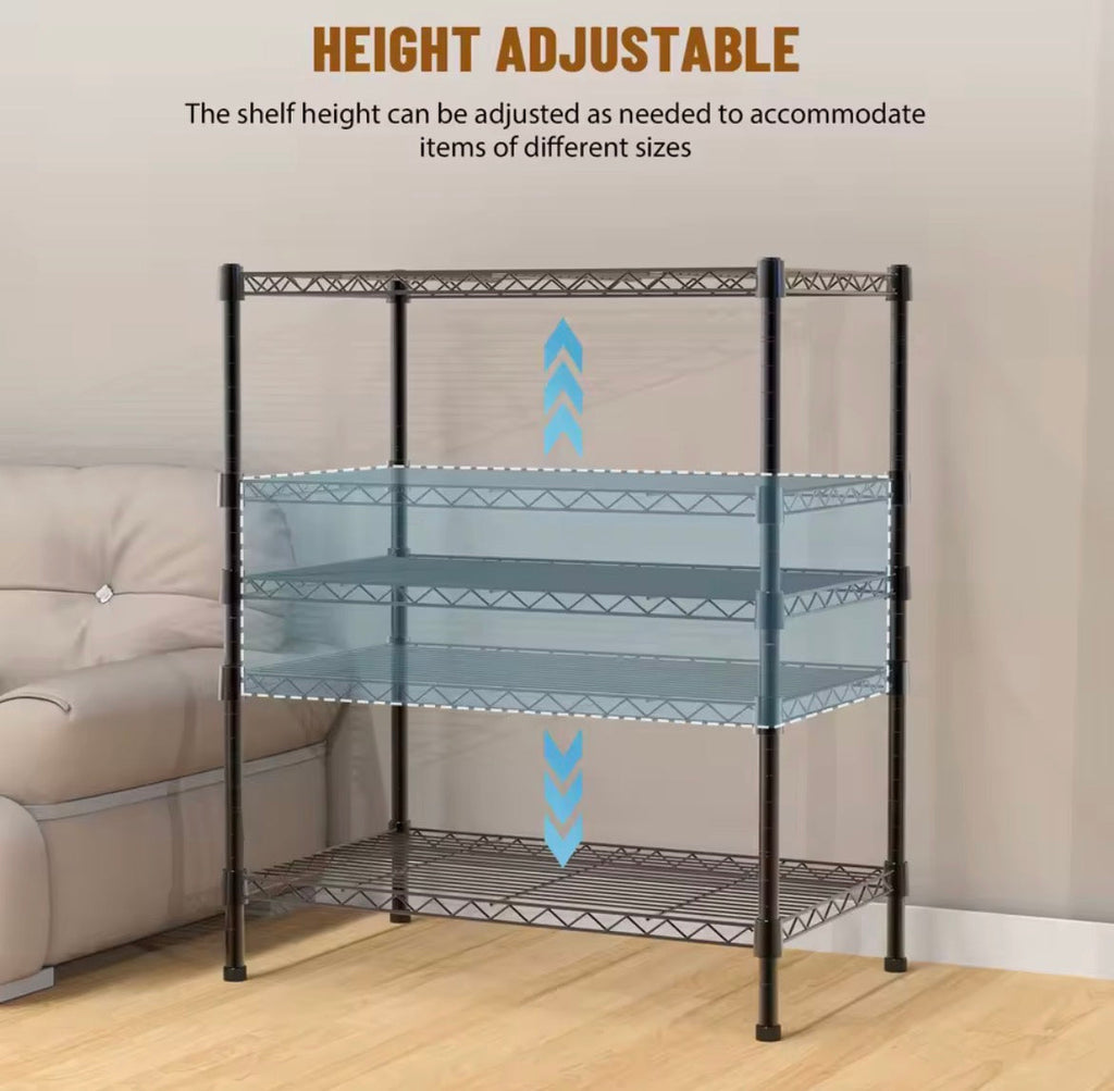Adjustable shelf spacing on compact black wire storage rack