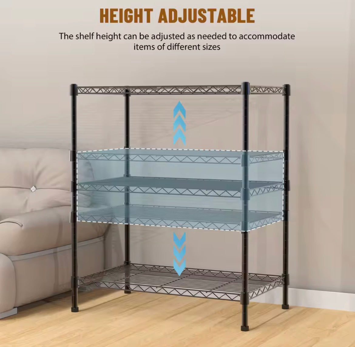 Adjustable shelf spacing on compact black wire storage rack