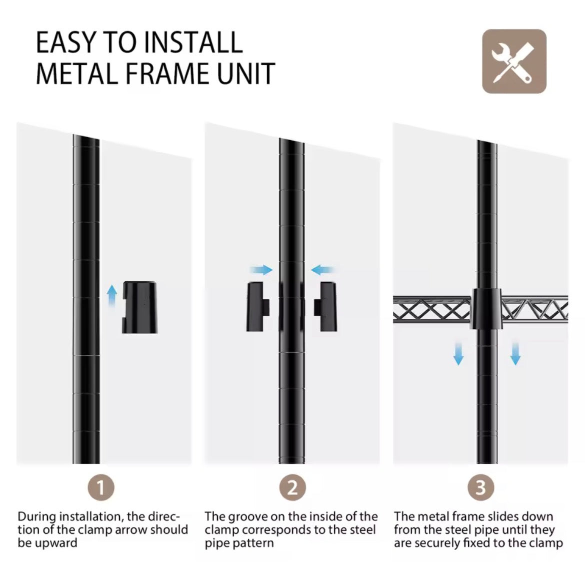 Clamp installation instructions for adjustable wire shelving