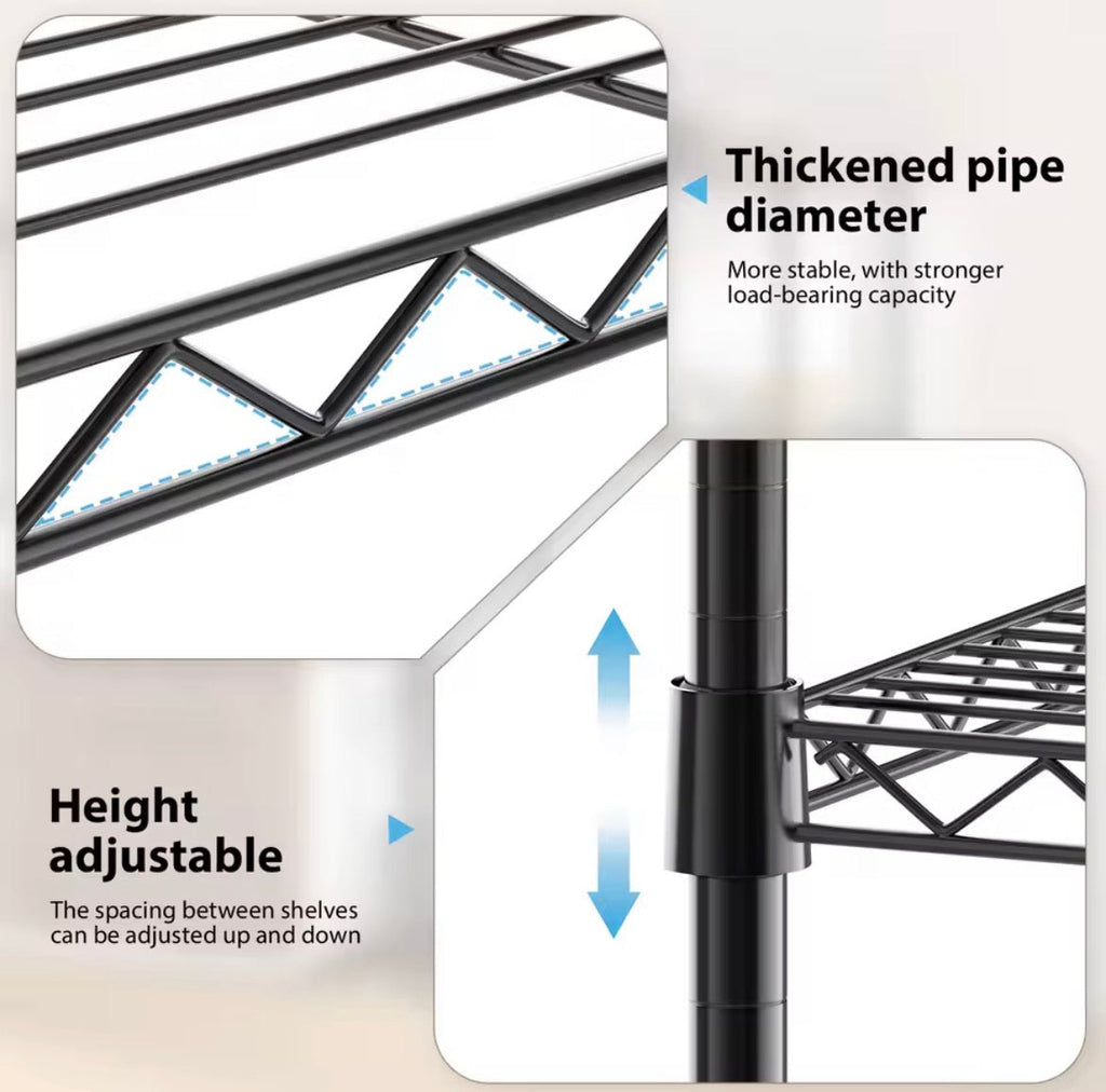 Close-up of reinforced wire shelf and adjustable shelf collar
