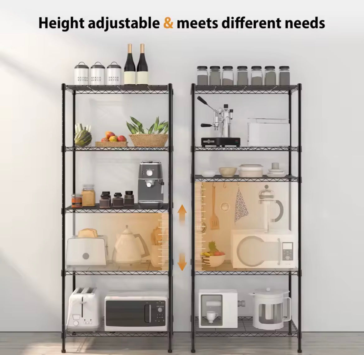 Tall adjustable black wire shelving units used for kitchen storage