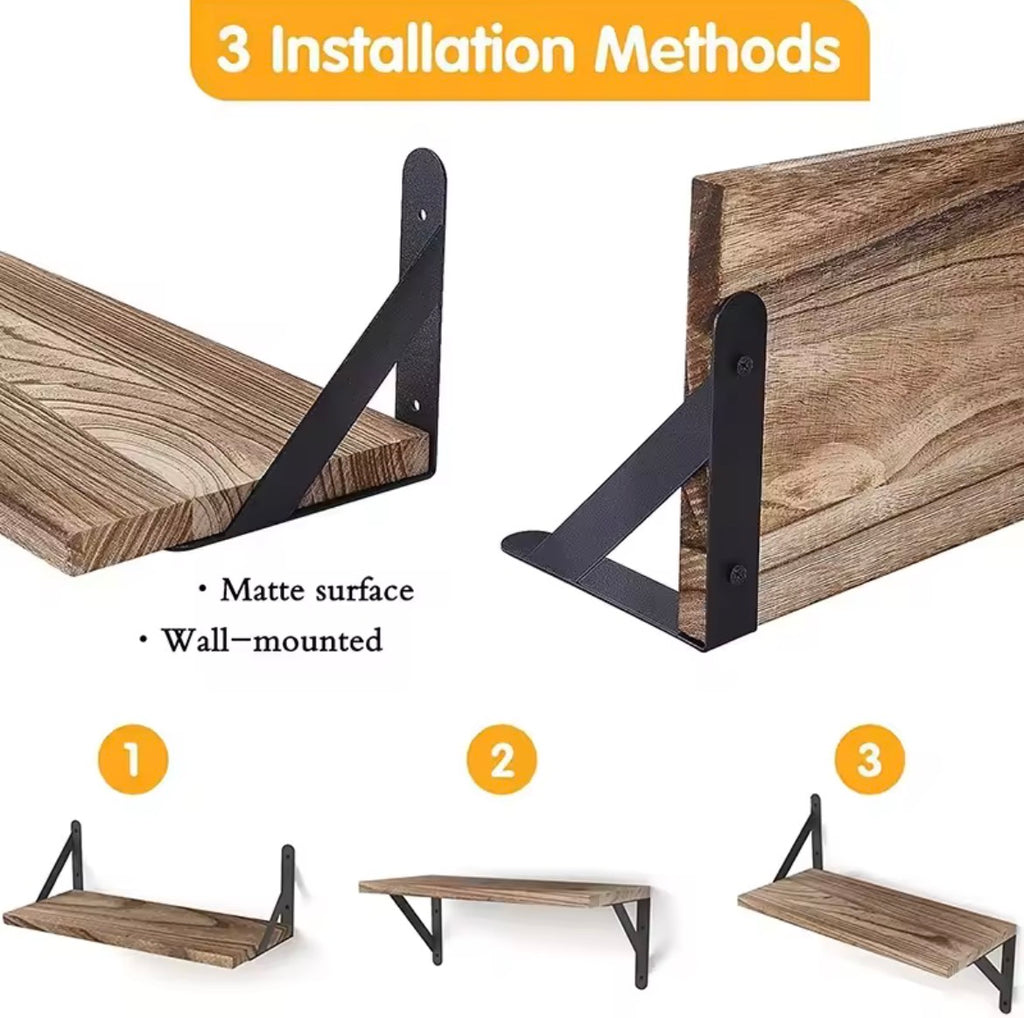Wooden floating wall shelf installation methods with black brackets