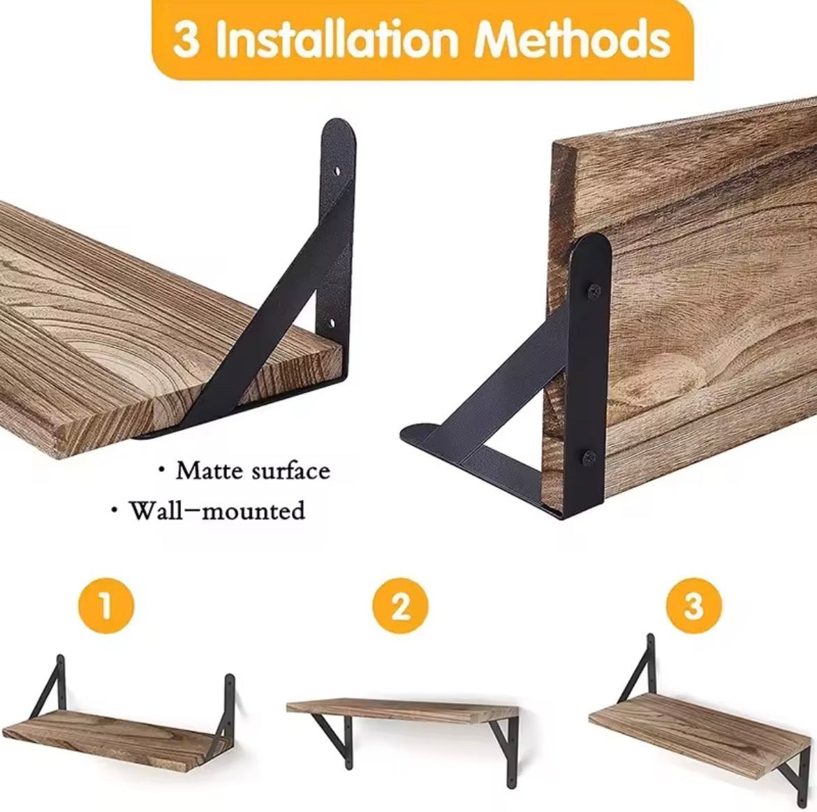 Wooden floating wall shelf installation methods with black brackets