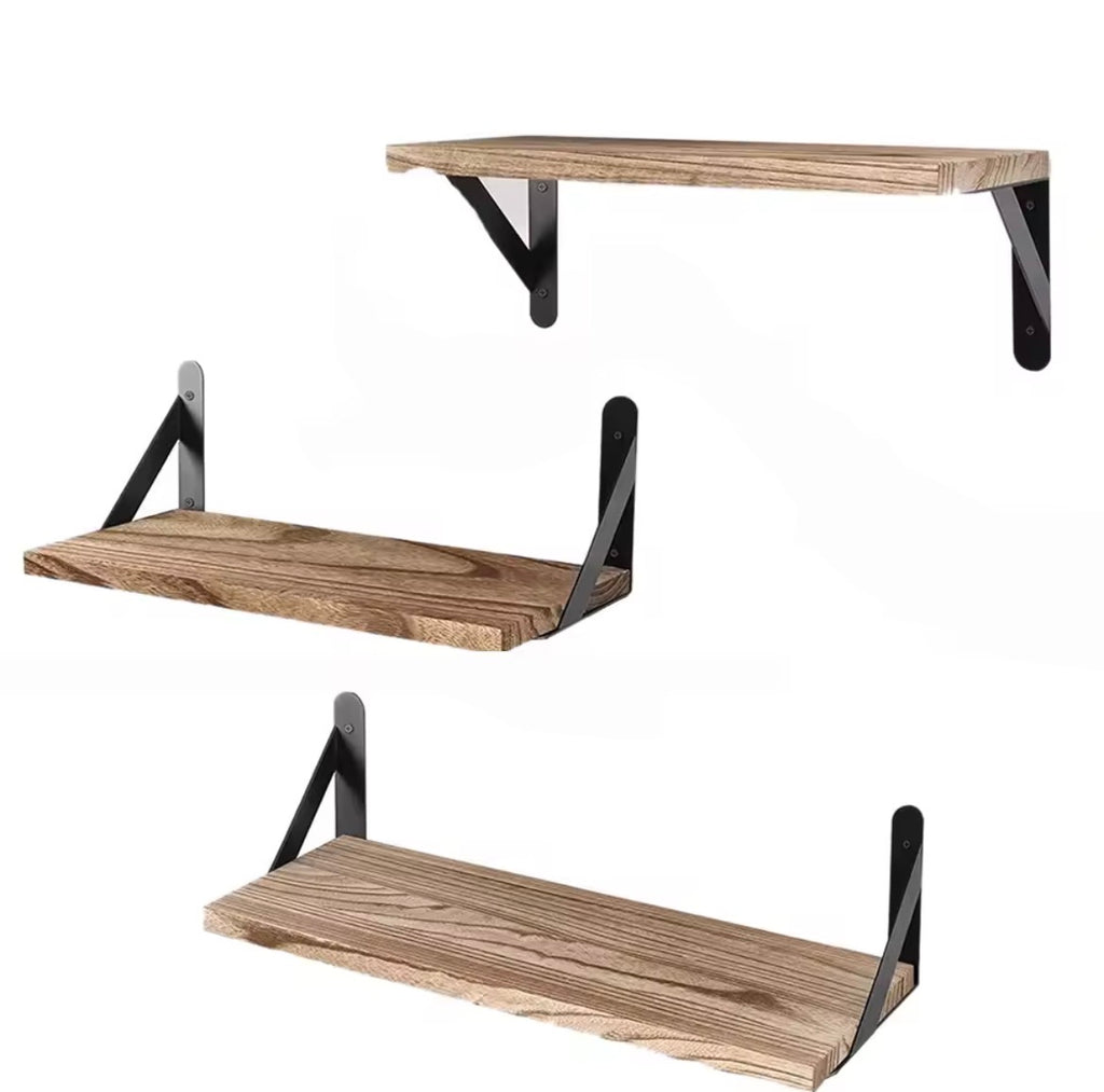 Wooden floating wall shelves with black metal brackets